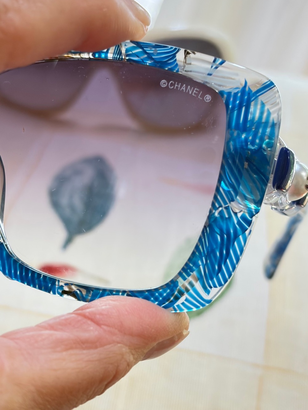 CHANEL Blue Patterned Square Sunglasses with Gradient Lenses